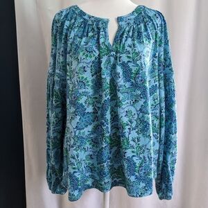 J.Jill Med Blue Lagoon Teal Floral Printed Smocked Cotton Tencel Modal Top